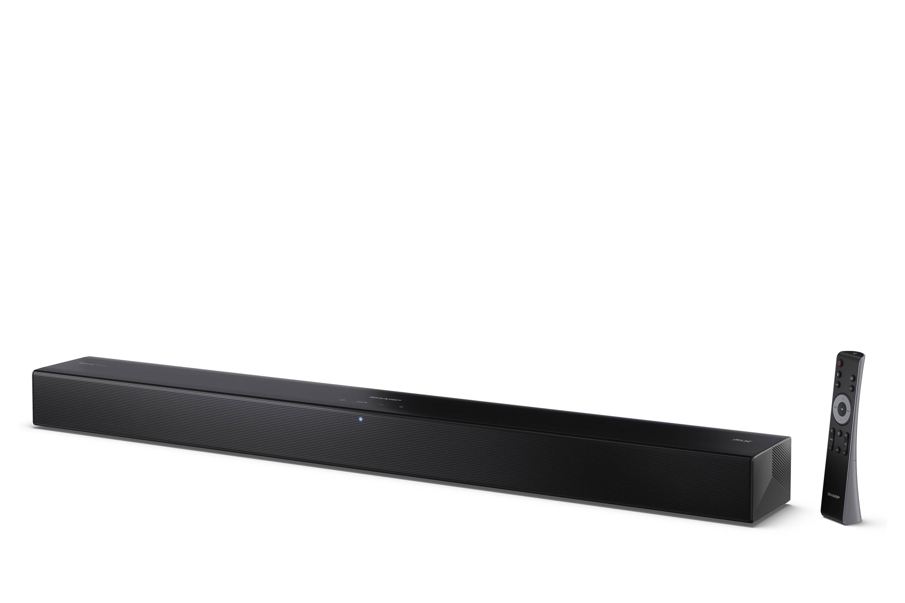 Eine elegante schwarze Soundbar mit minimalistischem Design, mit glatter Oberfläche und kleinen LED-Indikatoren auf der Oberseite.