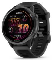 Schwarze Garmin-Smartwatch mit rundem Display, das 10:10 Uhr, das Datum „SA 01