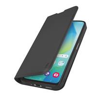 Schwarzes Smartphone in einer Schutzhülle im Folio-Stil mit einer vorderen Klappe, die den Bildschirm teilweise abdeckt.
