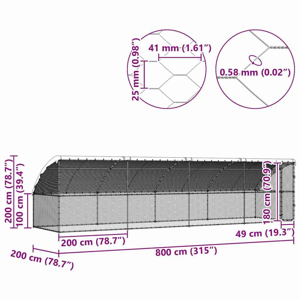 Diagramm einer Mascheneinfriedung mit Maßen: Länge 800 cm, Höhe 200 cm, Tiefe 200 cm. Maschendetails: Draht 0,58 mm dick.