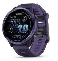 Purple Garmin Smartwatch mit rundem digitalen Display, zeigt die Uhrzeit und Fitness-Statistiken auf einem violetten Silikonarmband.