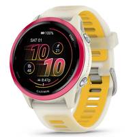 Garmin-Smartwatch mit rundem rosa Rand, cremefarbenem Gehäuse und gelbem Armband, das ein digitales Ziffernblatt anzeigt.