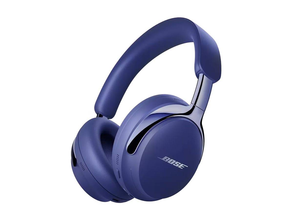 Blaue Over-Ear-Kopfhörer mit Bluetooth-Verbindung und schlankem Design, mit der Marke „Bose
