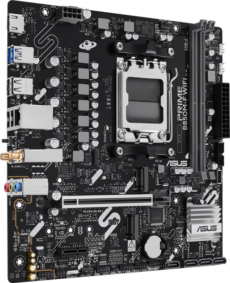 Ein Computer-Motherboard mit verschiedenen Komponenten und Steckplätzen, einschließlich einer CPU-Buchse und mehreren Anschlussanschlüssen, mit der Bezeichnung „ASUS PRIME B560M-A WIFI
