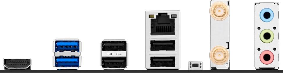 Nahaufnahme von Computeranschlüssen: ein Ethernet-Anschluss und mehrere USB-Anschlüsse auf einem Gerät.