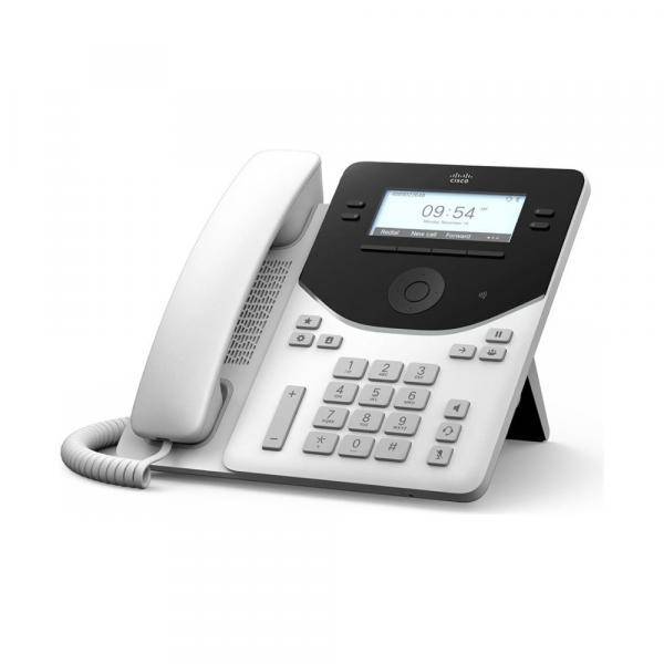 Ein modernes Bürotischtelefon mit Hörer, Tastatur und digitaler Anzeige, die 09:54 anzeigt, auf weißem Hintergrund.
