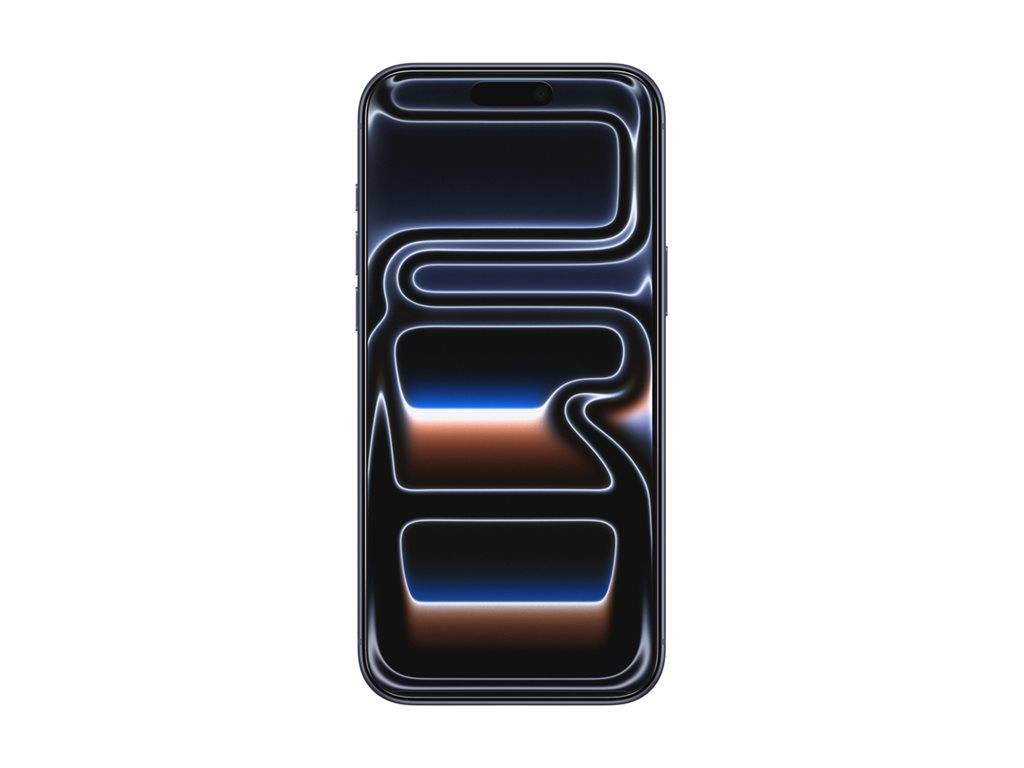 Vorderansicht eines Smartphones mit einem dunklen abstrakten Neon-Hintergrund mit leuchtenden blauen und orangefarbenen geschwungenen Linien.