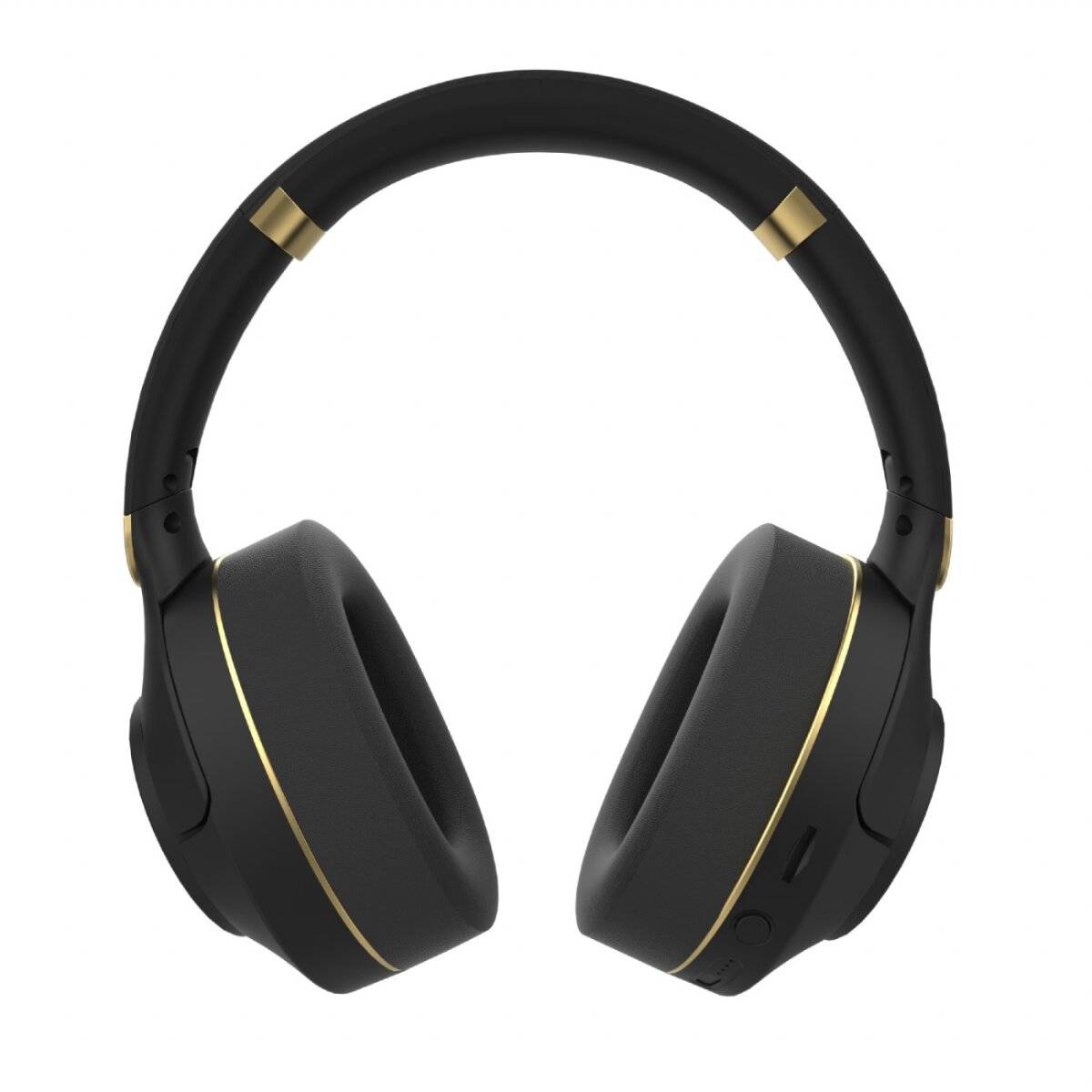 Schwarze Over-Ear-Kopfhörer mit goldenen Akzenten, die vor einem schlichten weißen Hintergrund präsentiert werden.
