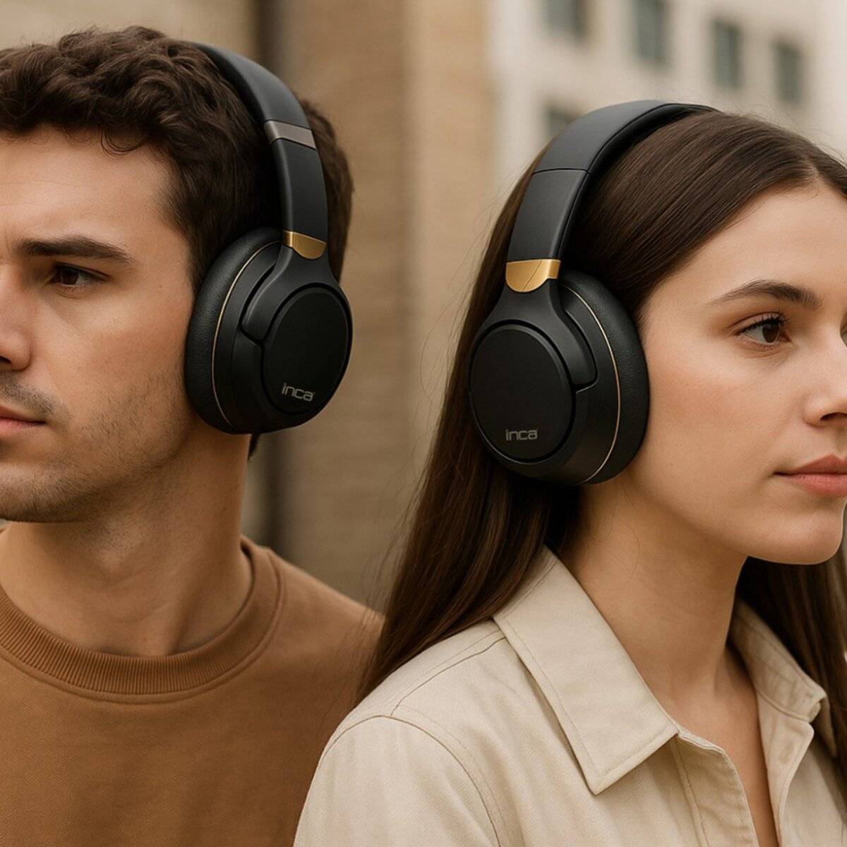 Zwei Personen mit schwarzen Over-Ear-Kopfhörern sitzen Rücken an Rücken. Sie wirken beide nachdenklich, vor einem urbanen Hintergrund.