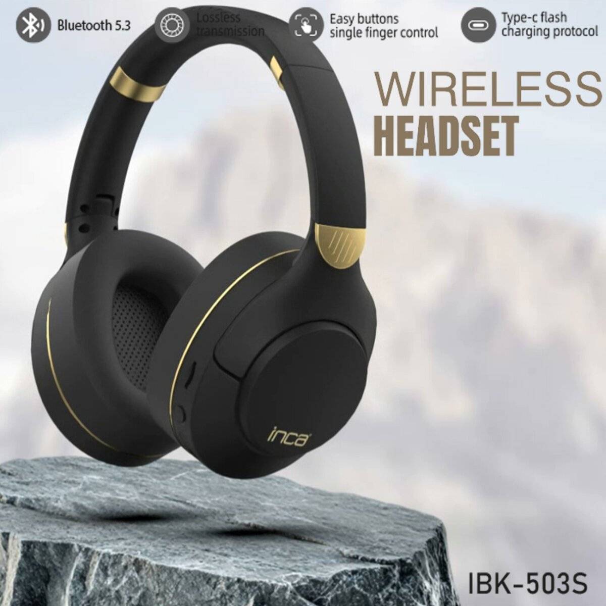 Drahtloses Headset: Inca IBK-503S, Bluetooth 5.3, verlustfreie Übertragung, einfache Bedienung, Typ-C-Ladung. Schwarz mit Goldakzenten.
