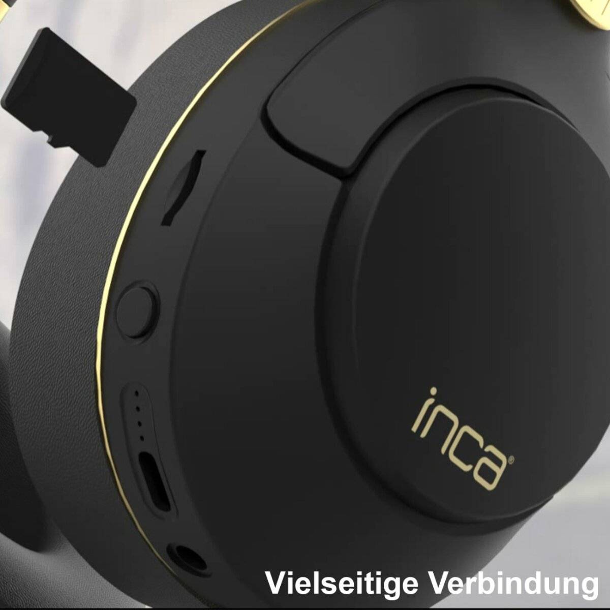 Nahaufnahme von schwarzen Kopfhörern mit einem USB-Anschluss und dem 'inca' Logo. Der Text 'Vielseitige Verbindung' deutet auf eine vielseitige Konnektivität hin.