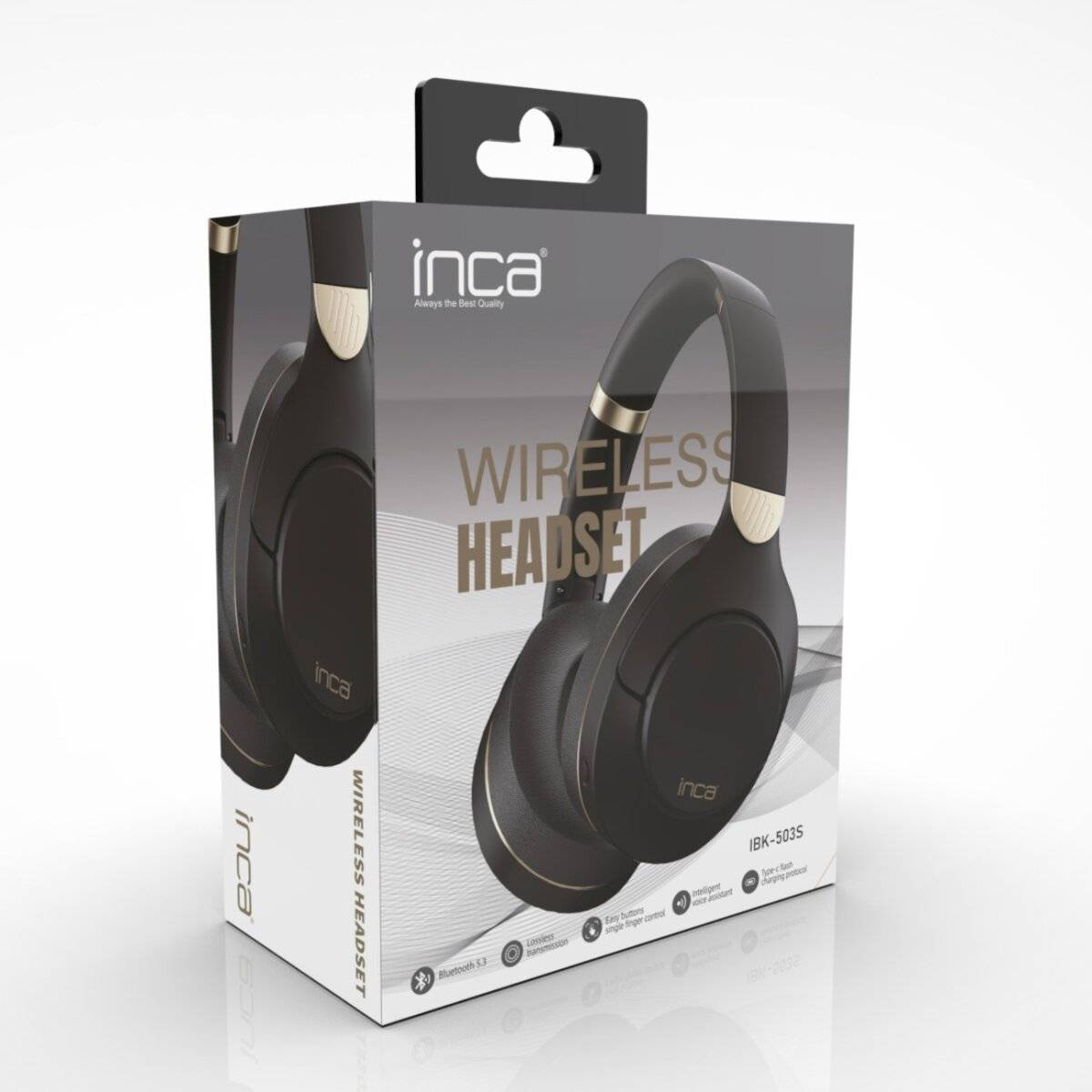 Verpackung für ein kabelloses Headset mit Produktabbildung der Marke 'inca'. Enthält Funktionen wie kabellose Übertragung.
