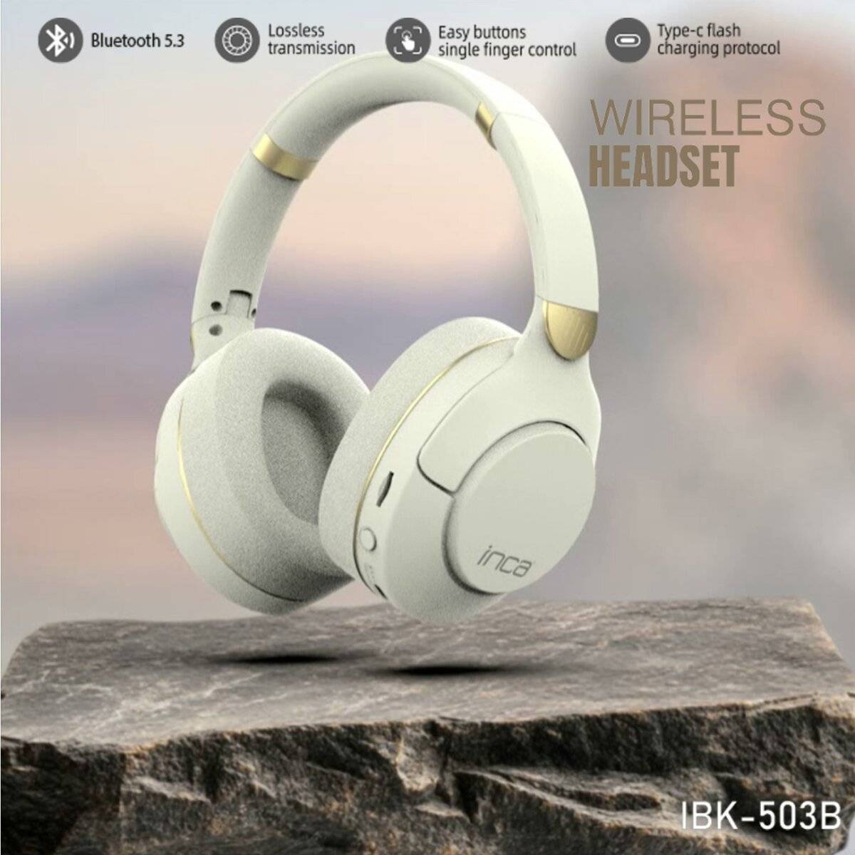 Inca Wireless Headset IBK-503B mit Bluetooth 5.3, verlustfreier Übertragung, einfacher Tastensteuerung und Type-C-Ladung.