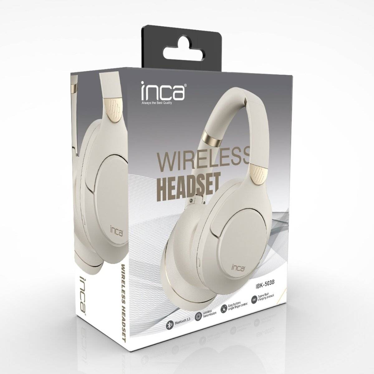 Schachtel von Inca-Wireless-Kopfhörern in Weiß mit goldenen Akzenten, ausgestattet mit Symbolen für Bluetooth, lange Batterielaufzeit und Geräuschunterdrückung.