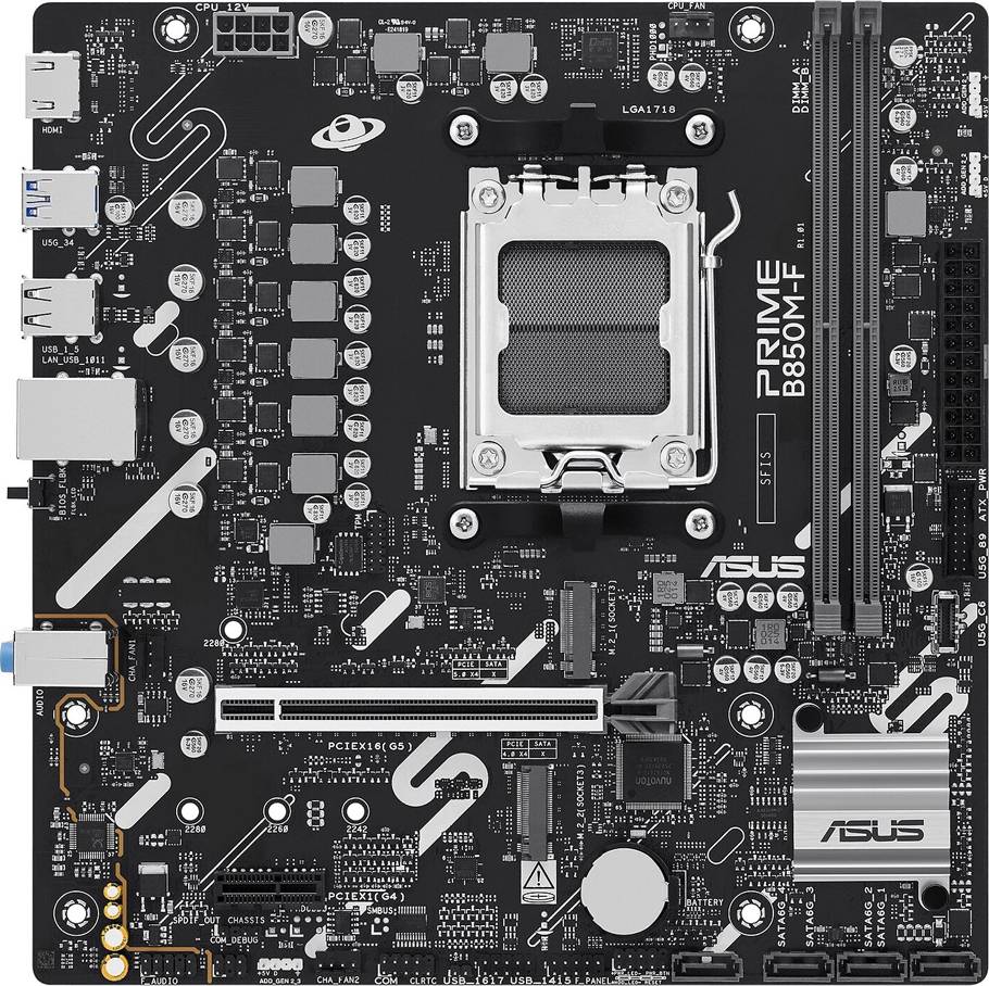 Ein Motherboard eines Computers mit der Bezeichnung „PRIME B650M-A WIFI" mit Anschlüssen, Steckplätzen und einer zentralen CPU-Fassung, das für Konnektivität und Datenverarbeitung konzipiert ist.