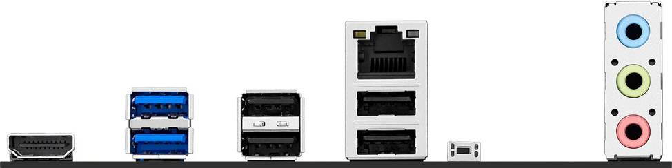 Nahaufnahme von Computeranschlüssen einschließlich USB und Ethernet auf einem Gerät, das Konnektivitätsoptionen zeigt.