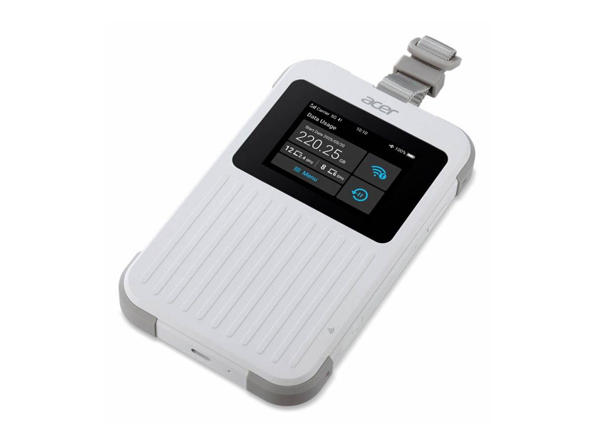 Acer tragbarer drahtloser Router mit einem Display, das die Datennutzung anzeigt. Mit einem USB-Tethering-Kabel ausgestattet, zeigt er '220,25 GB verwendet.