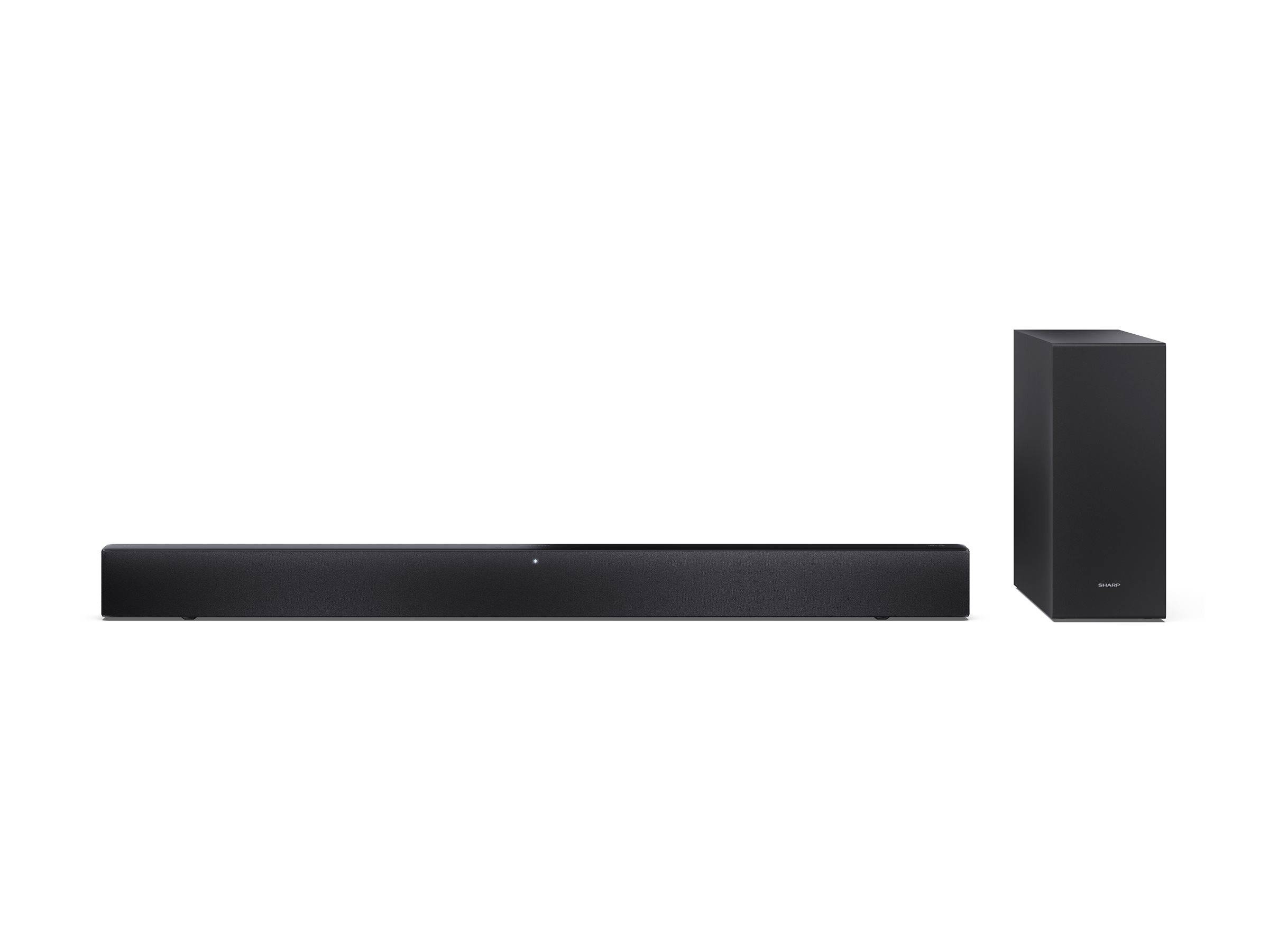 Schwarze Soundbar und Subwoofer-Lautsprechersystem auf weißem Hintergrund.