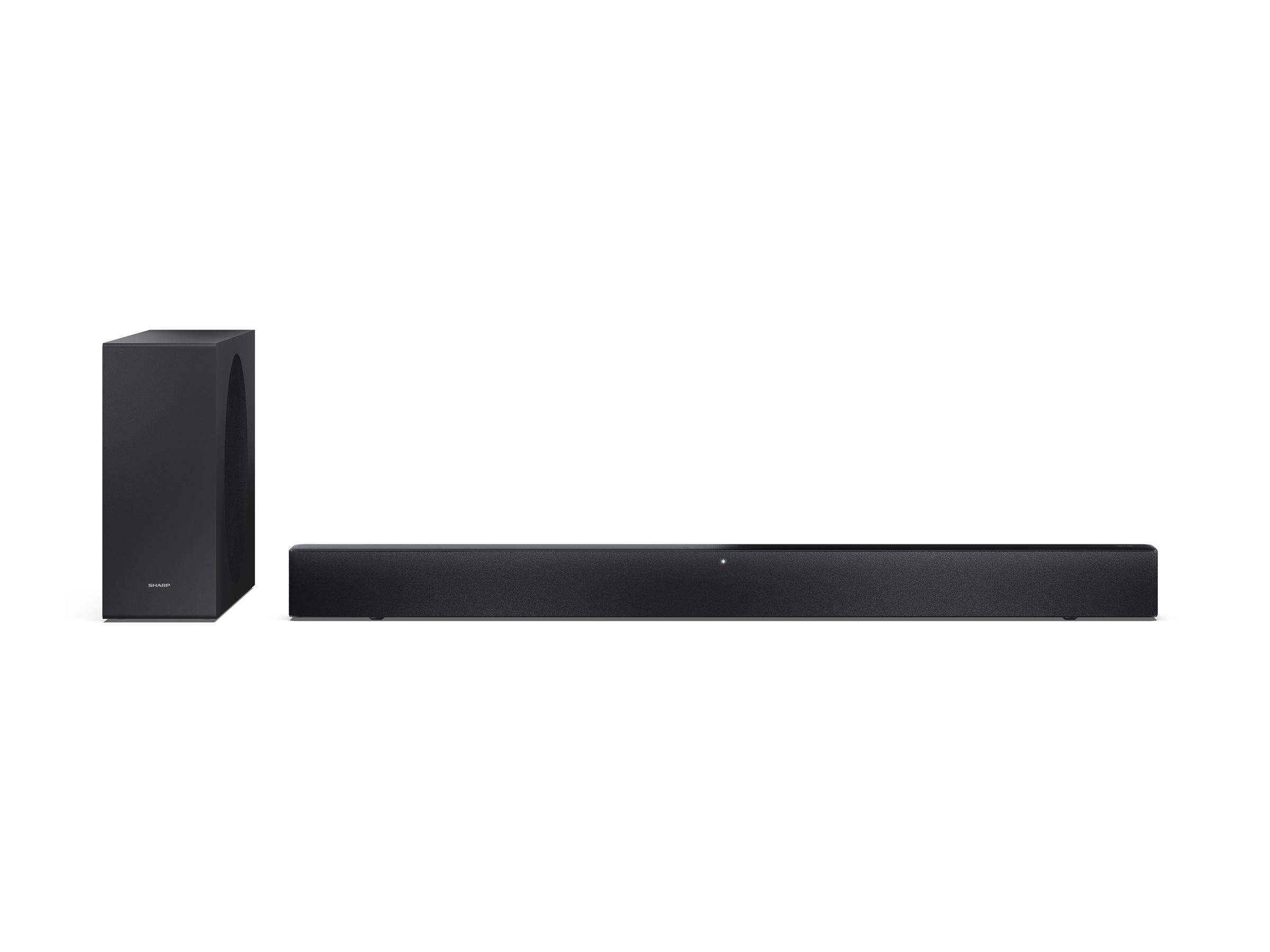 Schwarze Soundbar mit separatem Subwoofer auf weißem Hintergrund.