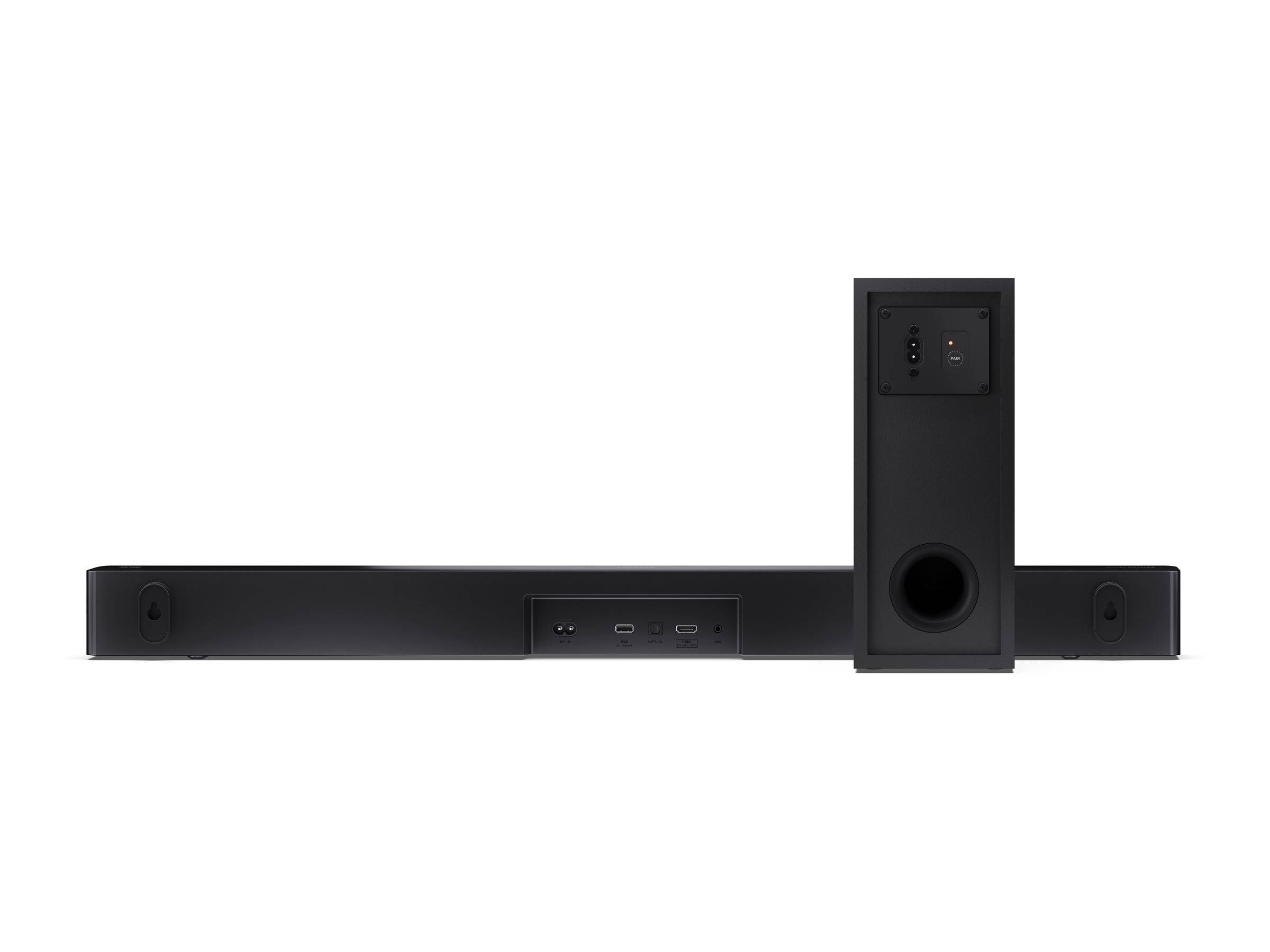 Schwarze Soundbar-Lautsprecher mit separatem vertikalen Subwoofer auf weißem Hintergrund