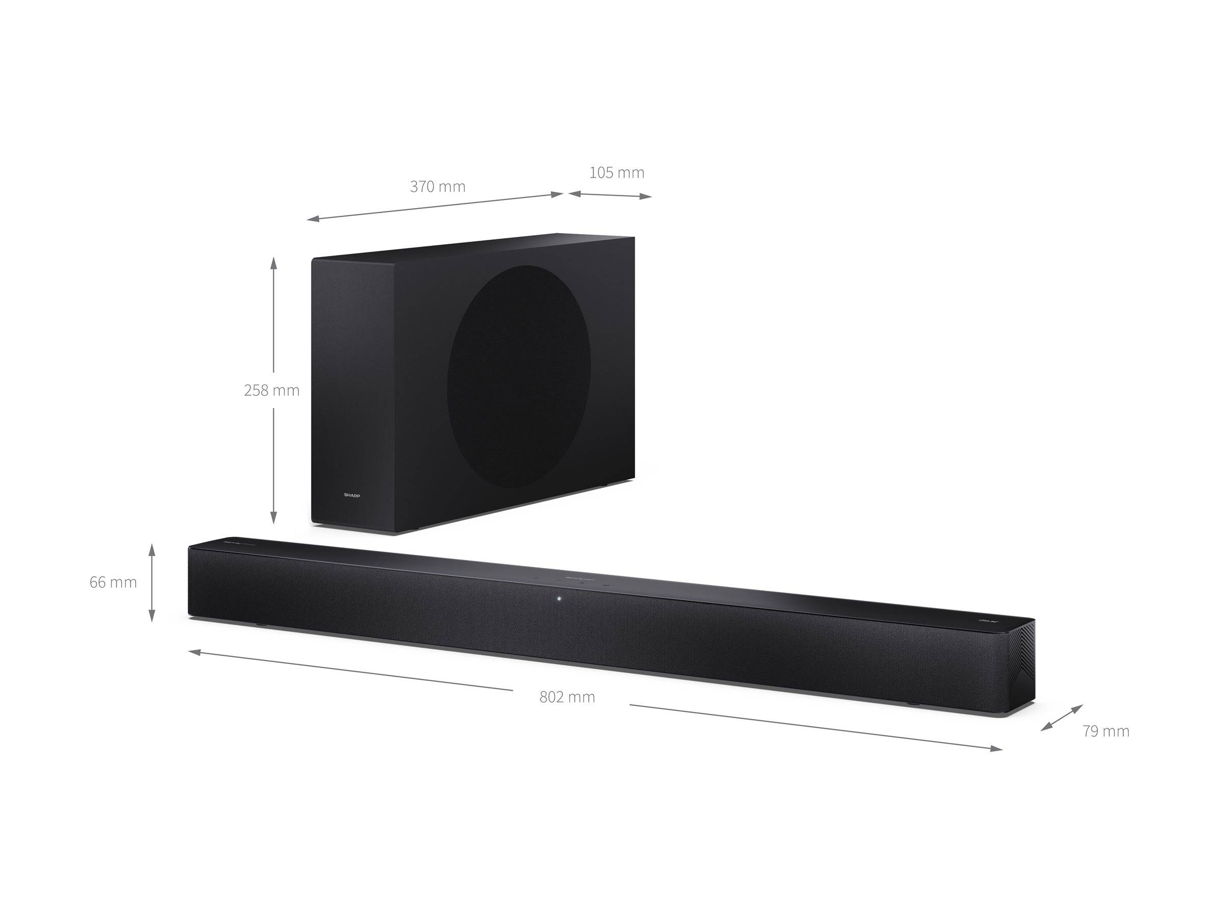 Schwarze Soundbar und Subwoofer mit Abmessungen: Soundbar 802 x 79 mm, Subwoofer 370 x 258 x 105 mm.