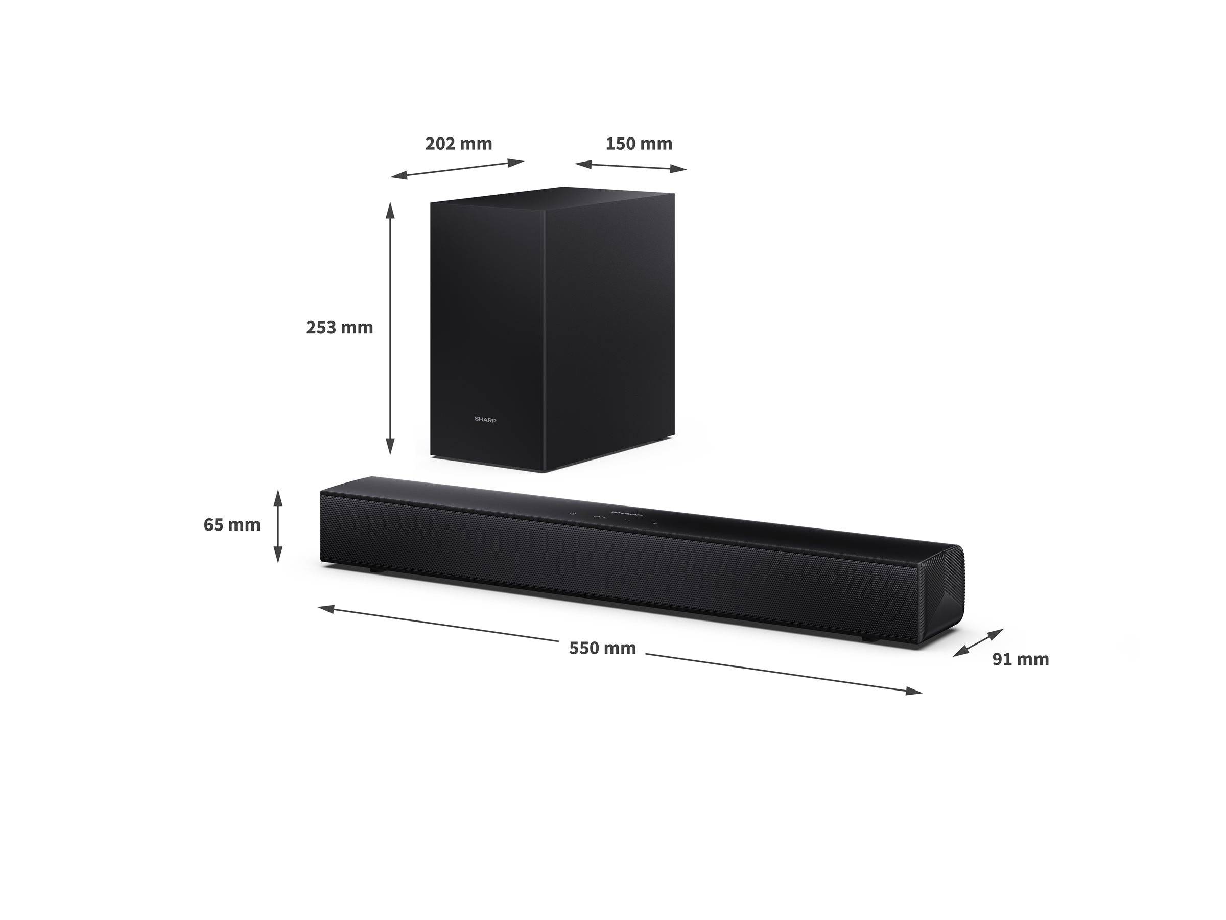 Produktgrößendiagramm mit einem Subwoofer und einer Soundbar mit den folgenden Abmessungen: Subwoofer 253 mm hoch, 202 mm breit, 150 mm tief; Soundbar 550 mm lang, 65 mm hoch, 91 mm tief.