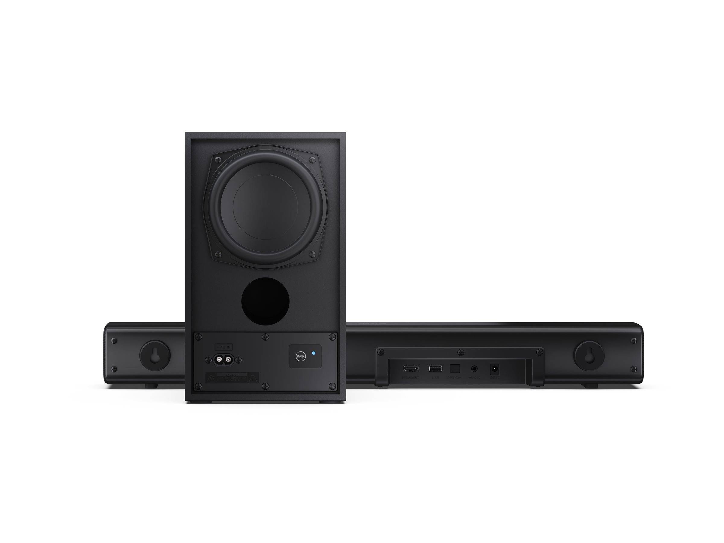 Schwarze Soundbar- und Subwoofer-Sprechersystem auf weißem Hintergrund, Vorderansicht mit Hauptlautsprecher in der Mitte und Soundbar dahinter.