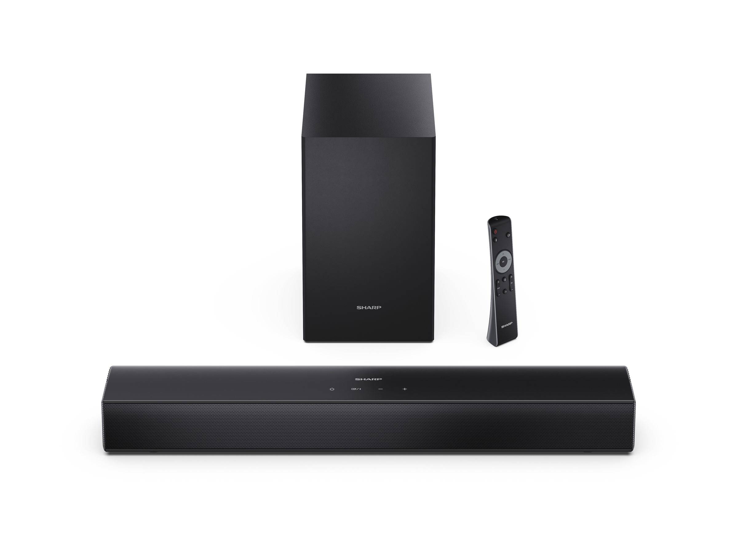 Schwarze Soundbar, Subwoofer und Fernbedienung auf weißem Hintergrund dargestellt.