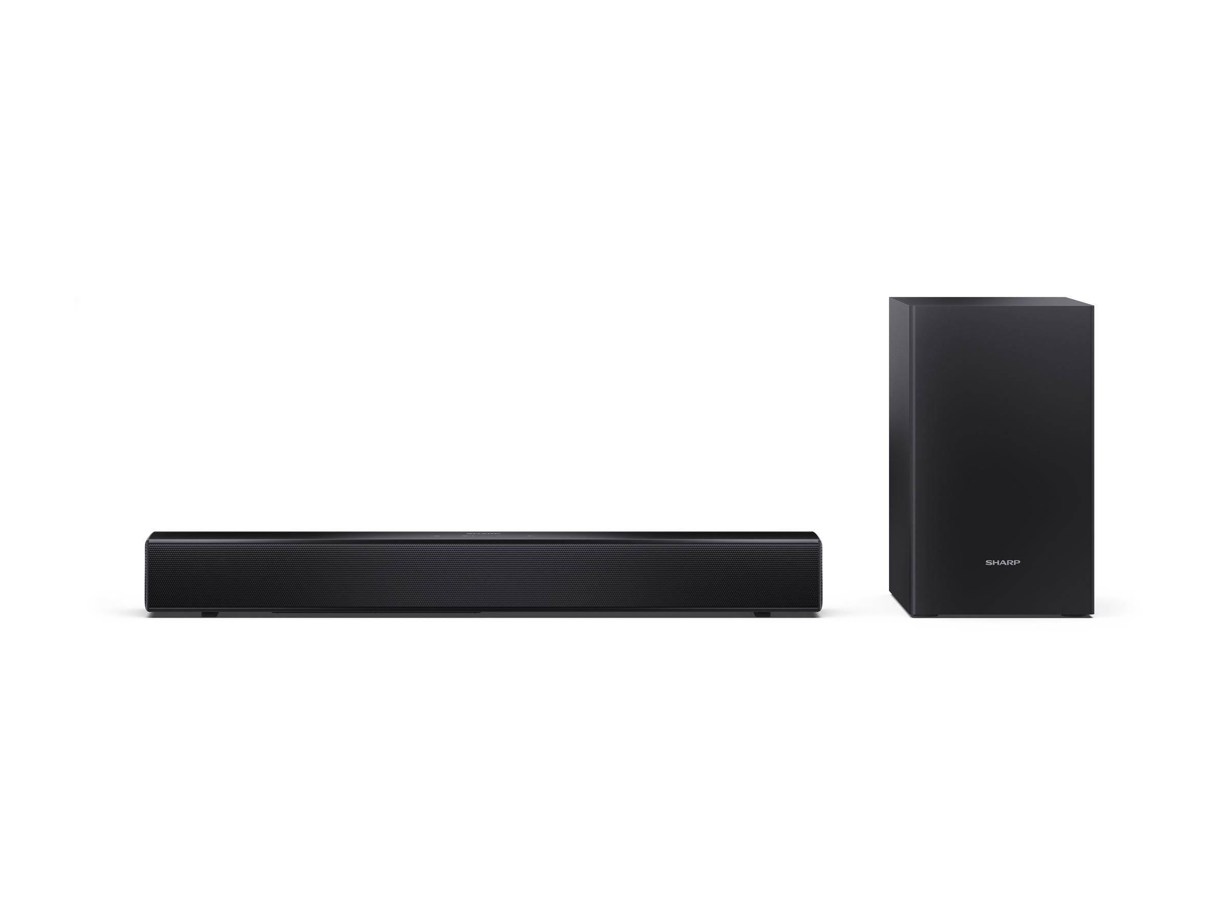 Schwarze Soundbar und Subwoofer-Lautsprechersystem auf weißem Hintergrund.