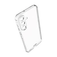 Transparente Handyhülle mit erhöhten Rändern und dreifachem Kameraausschnitt, auf weißem Hintergrund abgebildet.