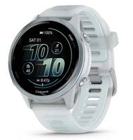 Weiße Garmin-Smartwatch mit rundem digitalem Display und Silikonarmband, auf dem die Uhrzeit 10:10 und Fitnessdaten angezeigt werden.