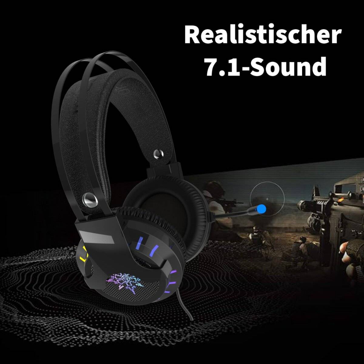 Gaming-Headset mit Mikrofon, mit dem Text 'Realistischer 7.1-Sound' und Hintergrund-Gamingszene.
