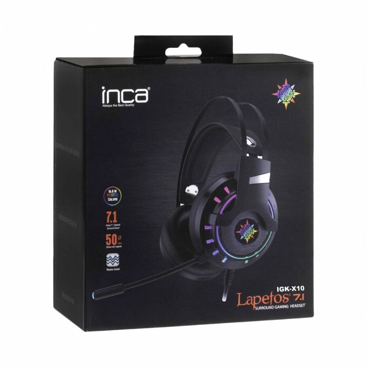 Inca Lapetos 7.1 Surround Gaming Headset IGK-X10' Verpackung, die das Headset mit RGB-Beleuchtung, Mikrofon und Produktmerkmalen präsentiert.
