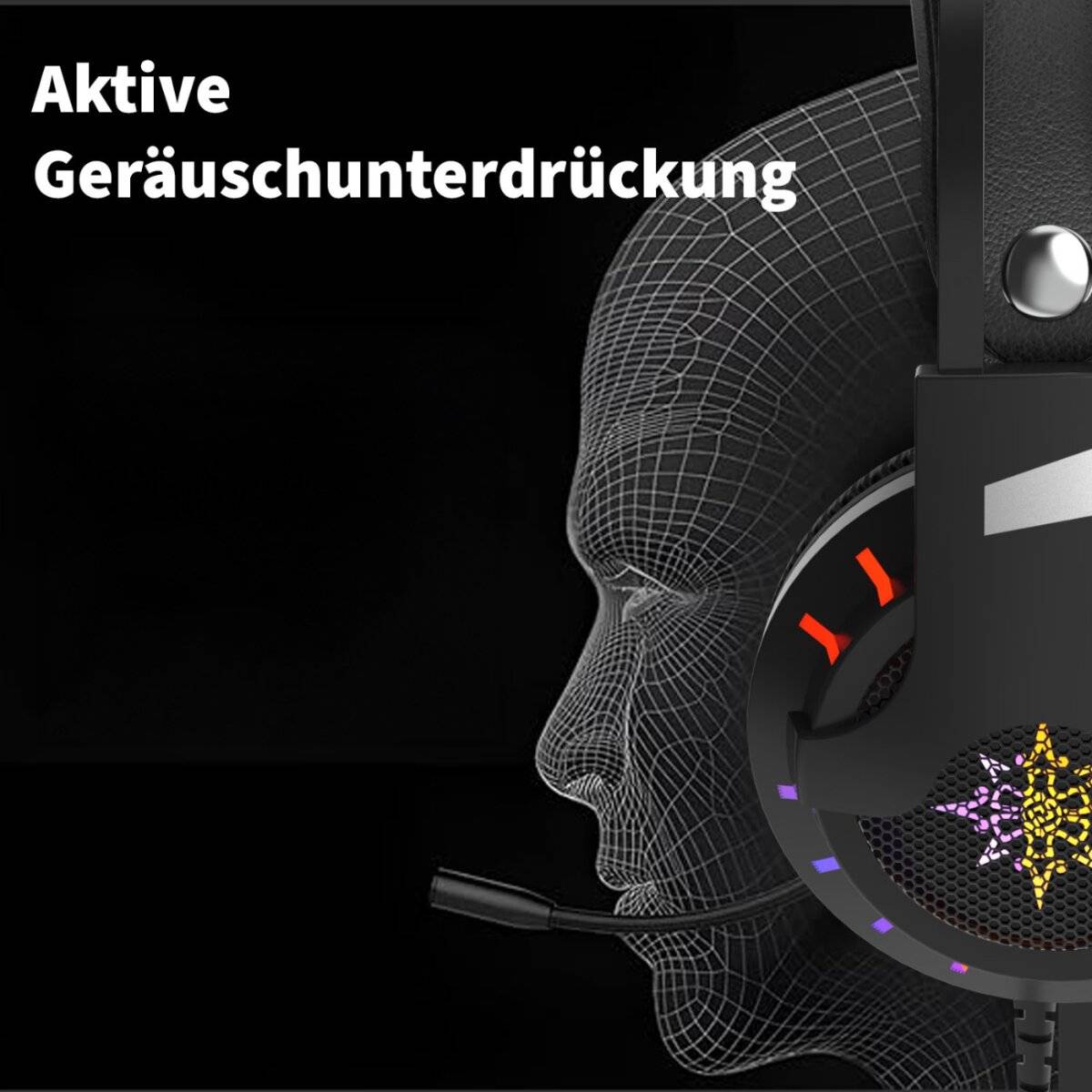 Headset mit aktiver Geräuschunterdrückung auf einer Drahtrahmen-Kopfsilhouette