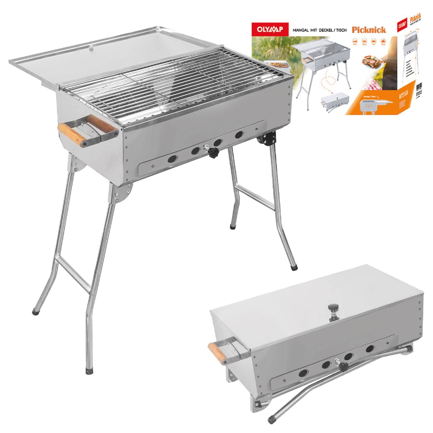 Mangal Edelstahl Picknick Schaschlik Grill mit Grillrost und Deckel