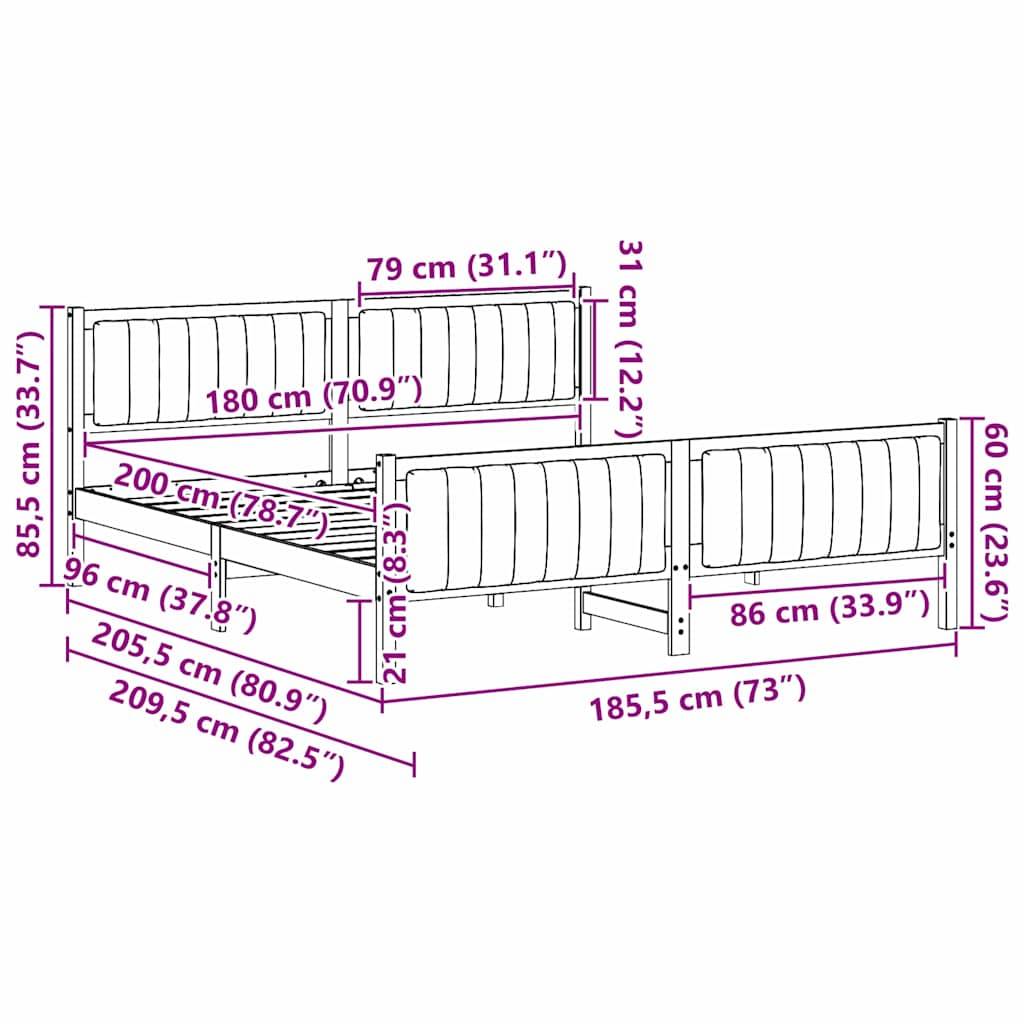 vidaXL Bettgestell Braun und Dunkelgrau 180 x 200 cm Massivholz Kiefer