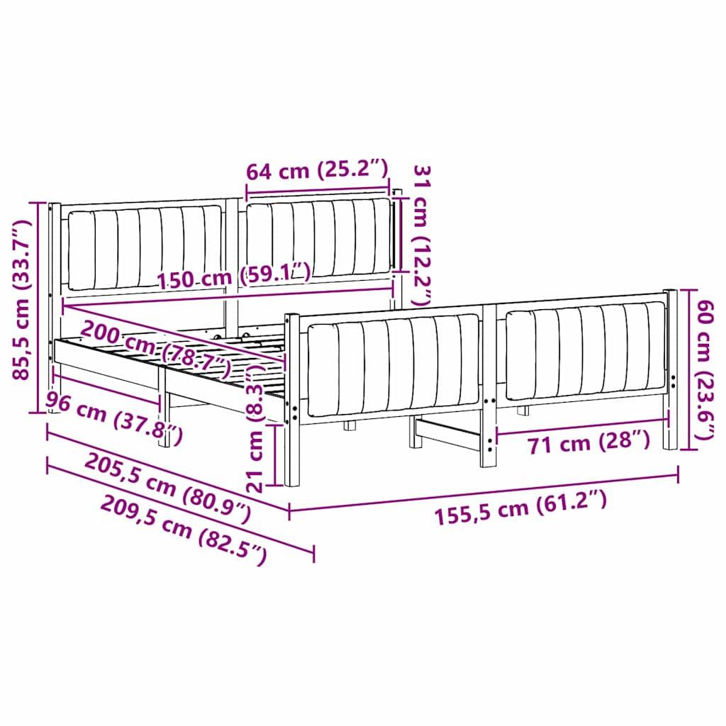 vidaXL Bettgestell Braun und Schwarz 150 x 200 cm Massivholz Kiefer