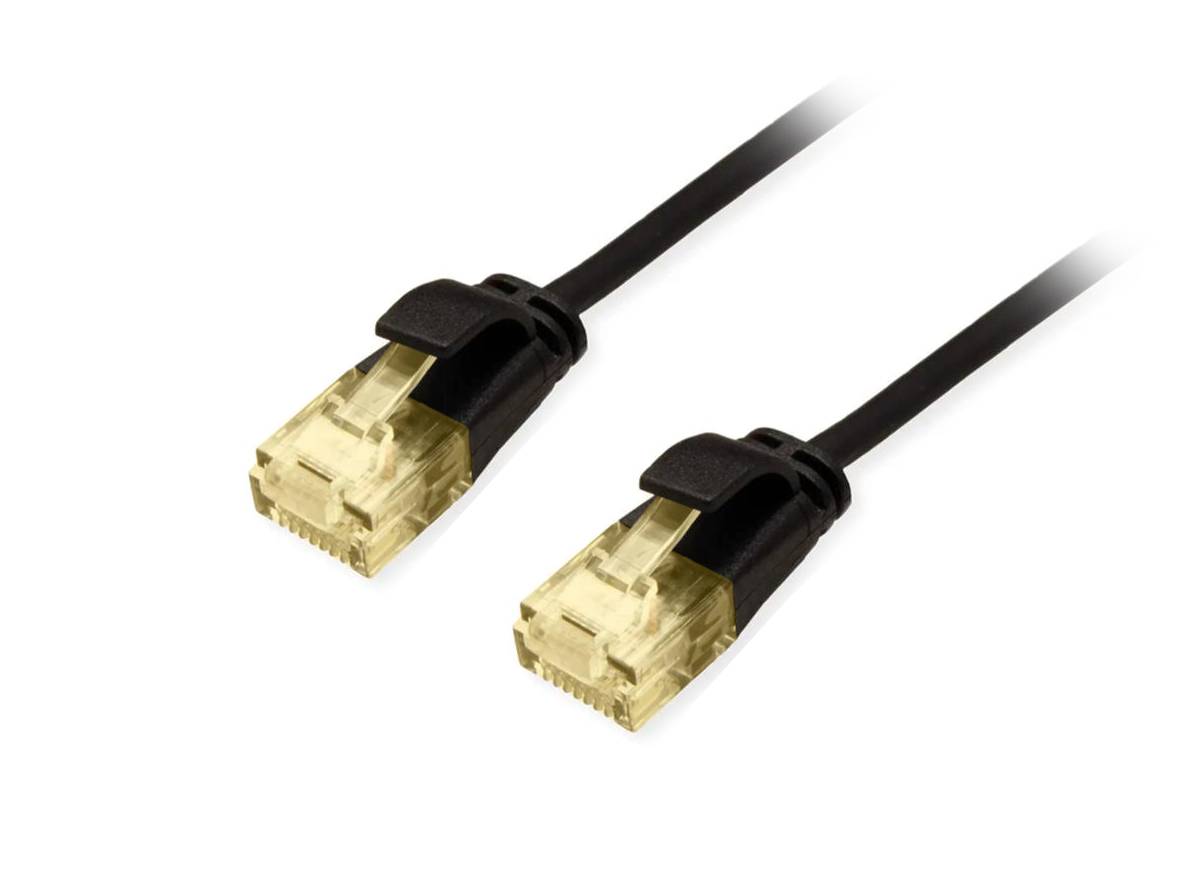 Zwei schwarze Ethernet-Kabelverbinder mit transparenten RJ45-Steckern auf weißem Hintergrund.