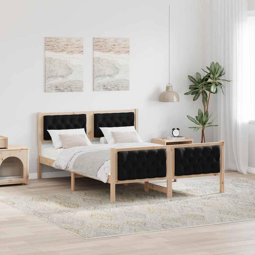 Ein modernes Schlafzimmer zeigt ein Holzbett mit schwarzem gepolstertem Kopf- und Fußteil, flankiert von einem Nachttisch und einer Topfpflanze, mit zwei abstrakten Gemälden darüber.