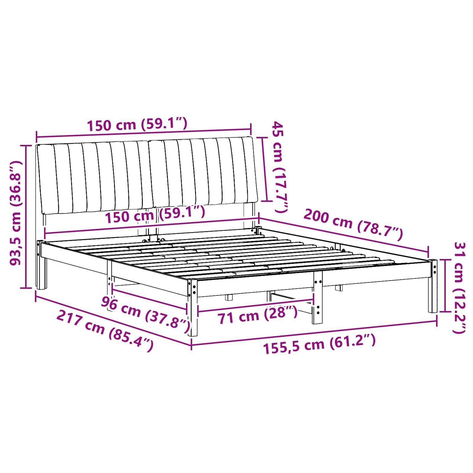 Abmessungen und Struktur eines Bettgestells sind wie folgt: 217 cm lang, 150 cm breit; Kopfteil 93,5 cm hoch; Fußteil 31 cm hoch.