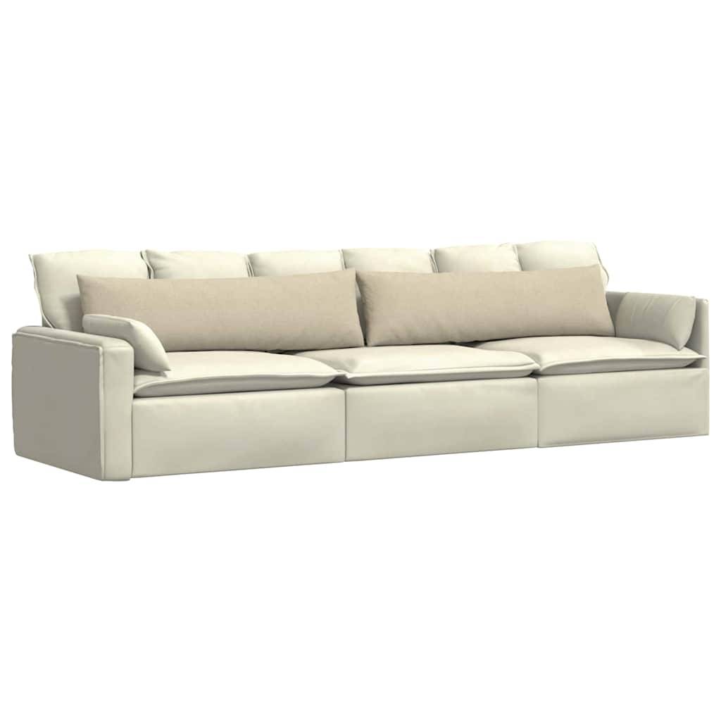 Ein modernes weißes Sofa mit beigen Kissen, ausgestattet mit drei Sitzplätzen und einem minimalistischen Design.