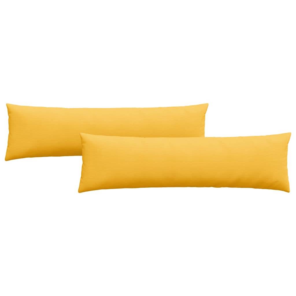 Zwei gelbe rechteckige Kissen, horizontal ausgerichtet vor einem weißen Hintergrund.