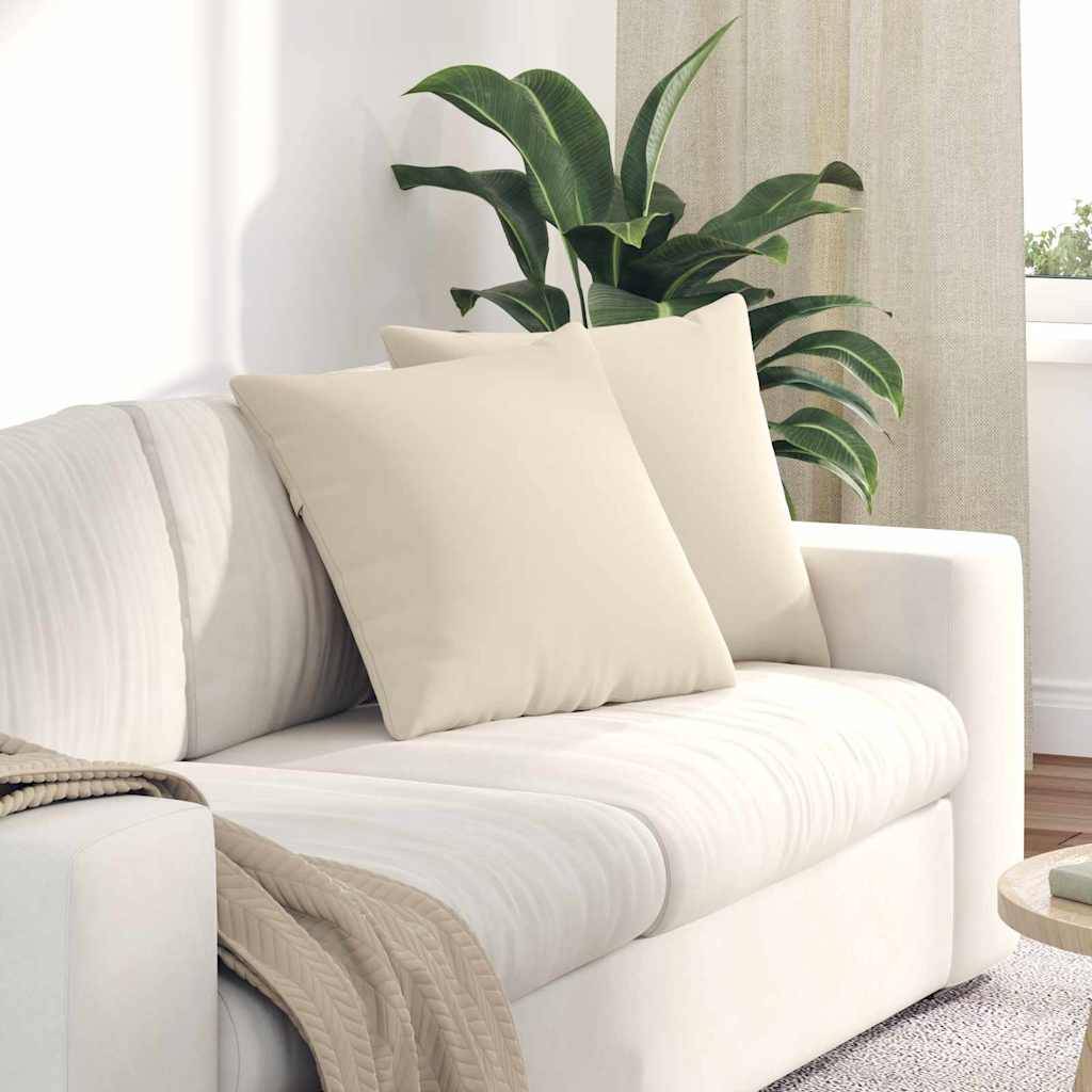Ein beiger Wohnzimmersofa mit zwei passenden Kissen ist mit einer drappierten Decke geschmückt. Eine grüne Topfpflanze steht dahinter und ergänzt die natürliche Dekoration.