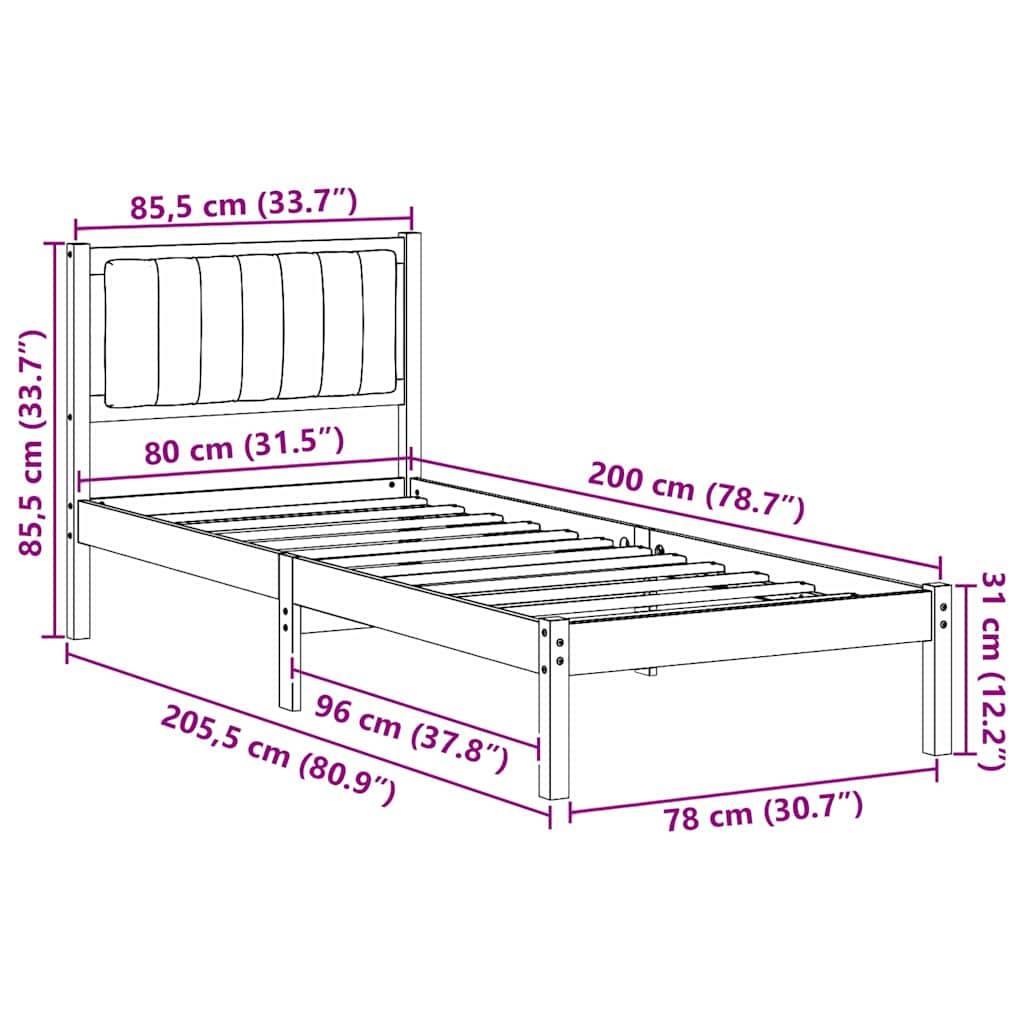 Diagramm eines Bettes mit Maßen: Länge 200 cm, Breite 80 cm, Höhe des Kopfteils 85,5 cm und Bodenfreiheit unter dem Bett 31 cm.