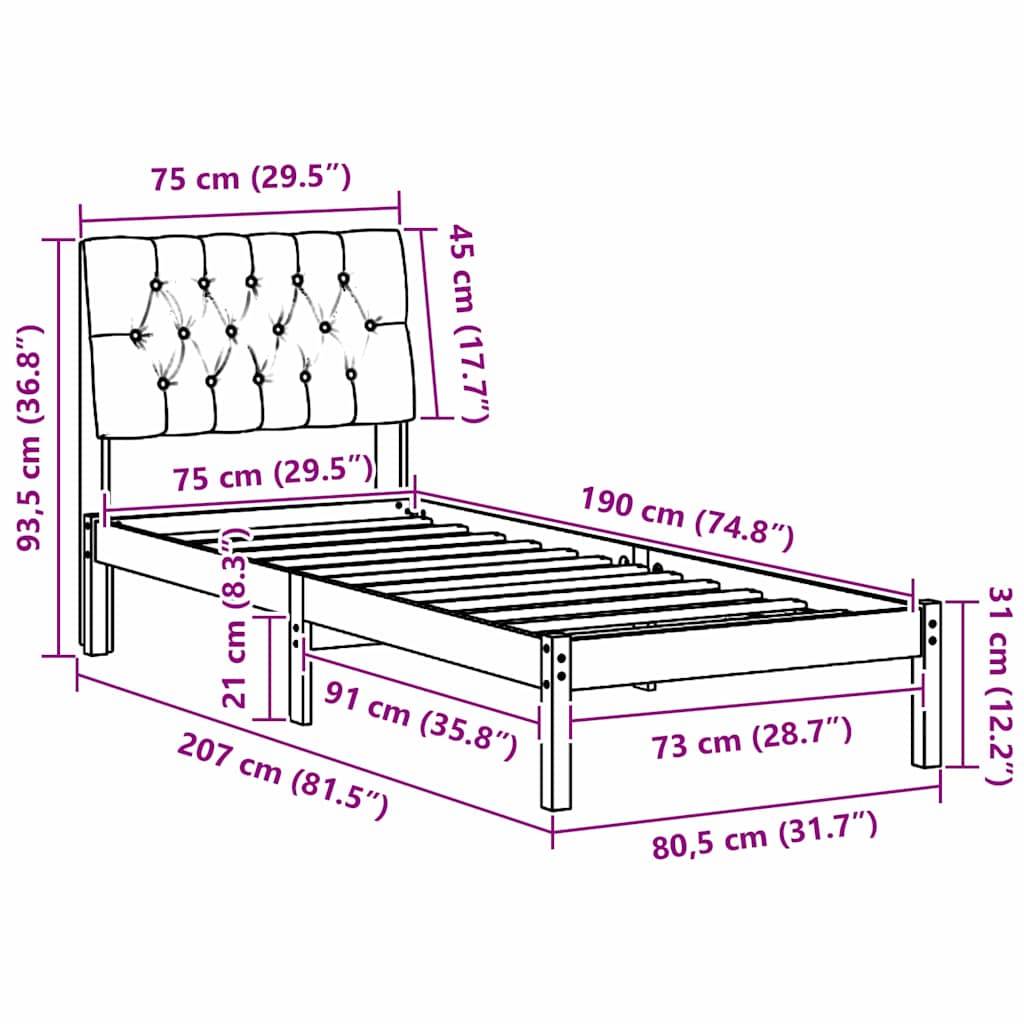vidaXL Bettgestell mit gepolstertem Kopfteil Braun 75 x 190 cm