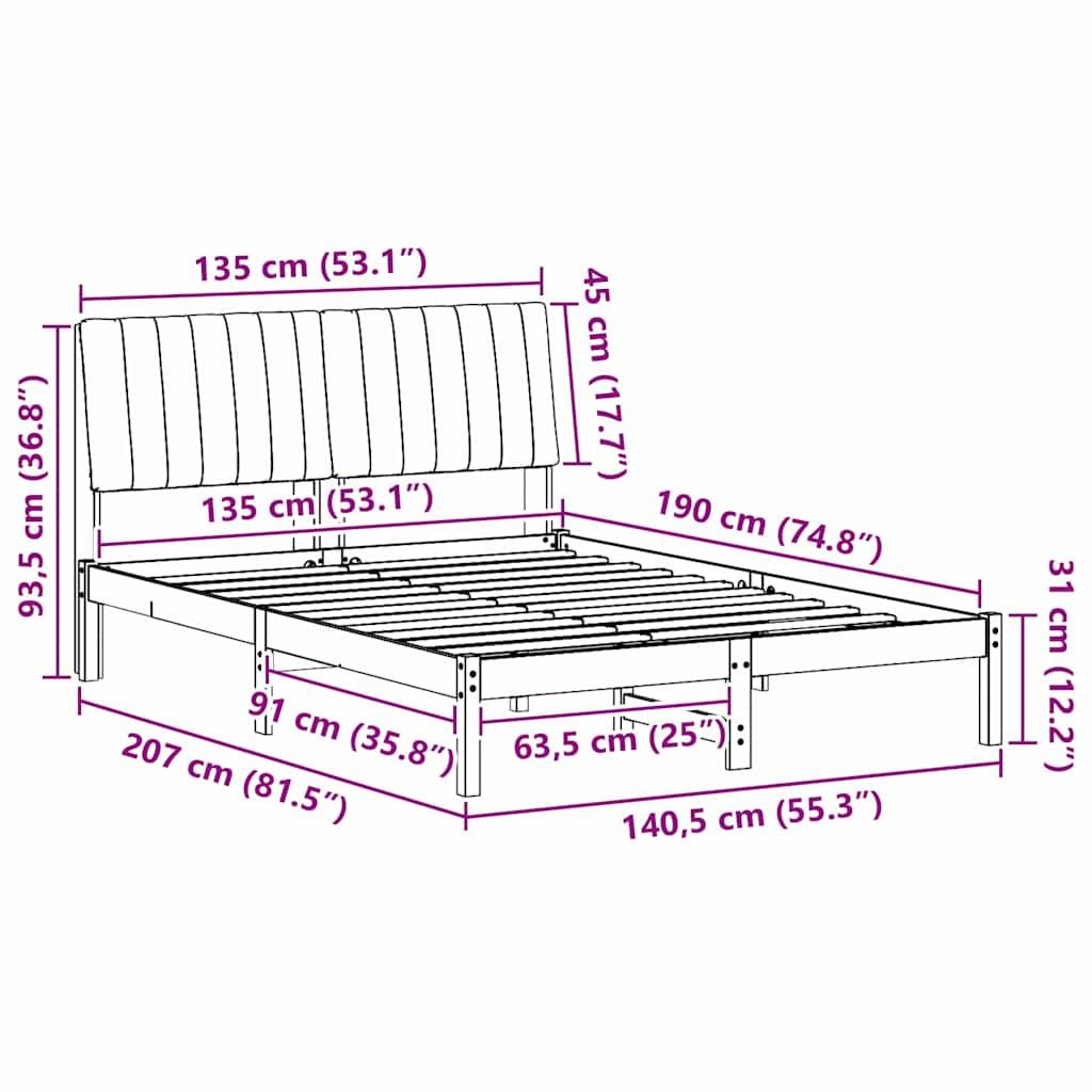 vidaXL Bettrahmen mit Kopfteil Braun 135 x 190 cm Massives Kiefernholz