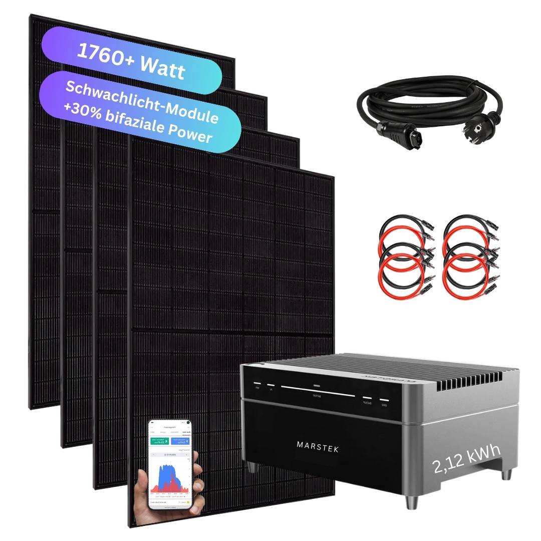 MyVoltaics® Balkonkraftwerk mit Speicher Marstek Venus A 2,12 kWh, 4x440Wp bifazial, 1760W Komplettset, ohne Aufständerung