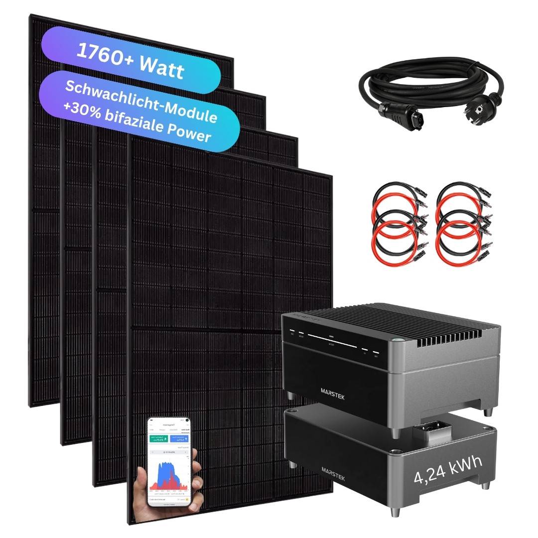 MyVoltaics® Balkonkraftwerk mit Speicher Marstek Venus A 4,24 kWh, Notstrom, 4 Module 440 Wp bifazial, 1760 Watt Komplettset, ohne Aufständerung