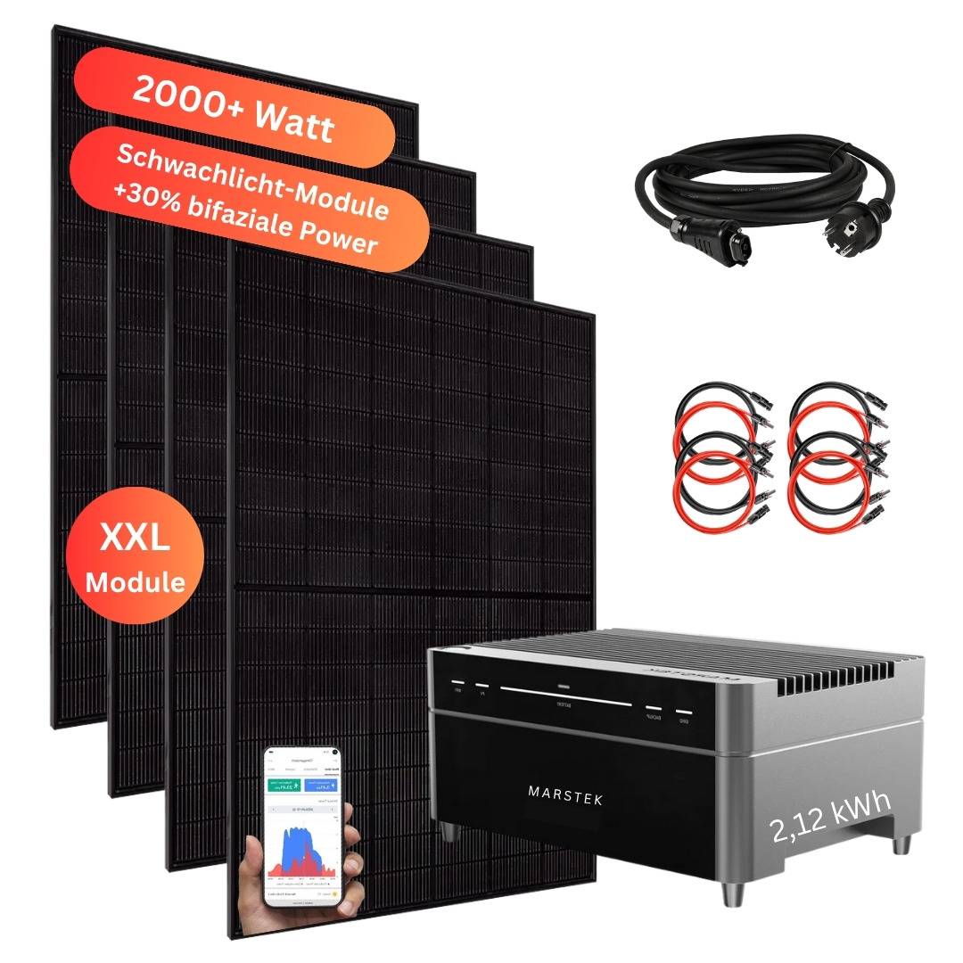 MyVoltaics® Balkonkraftwerk mit Speicher Marstek Venus A 2,12 kWh, 4x500Wp bifazial, 2000W Komplettset, ohne Aufständerung