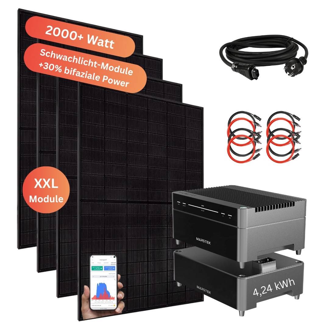 MyVoltaics® Balkonkraftwerk mit Speicher Marstek Venus A 4,24 kWh, 4x500Wp bifazial, 2000W Komplettset, Aufständerung für Flachdach / Garten